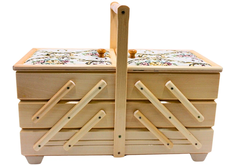 Dekohelden24 High-Quality Sewing Box, Sewing Box Made of Veneer Wood with 7 Compartments and Fabric Cover Rose Motif in Natural, L x W x H 42 x 20 x 21 cm - Image 1