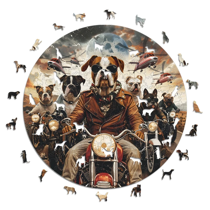 Iconic Puzzles Motorcyclist Dogs 600 Piece Wooden Puzzle