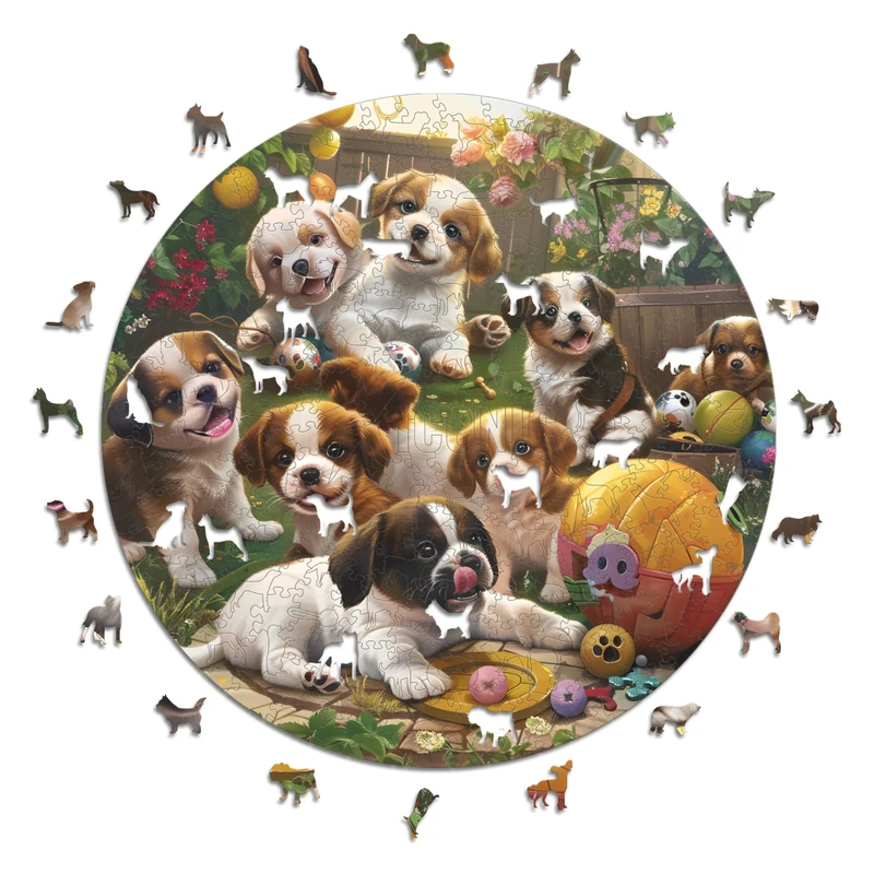 Iconic Puzzles - Puppies in the Garden, fantasy animals, 100% sustainable wooden puzzle, Gifts for Children and Adults, size L, 600 Pieces