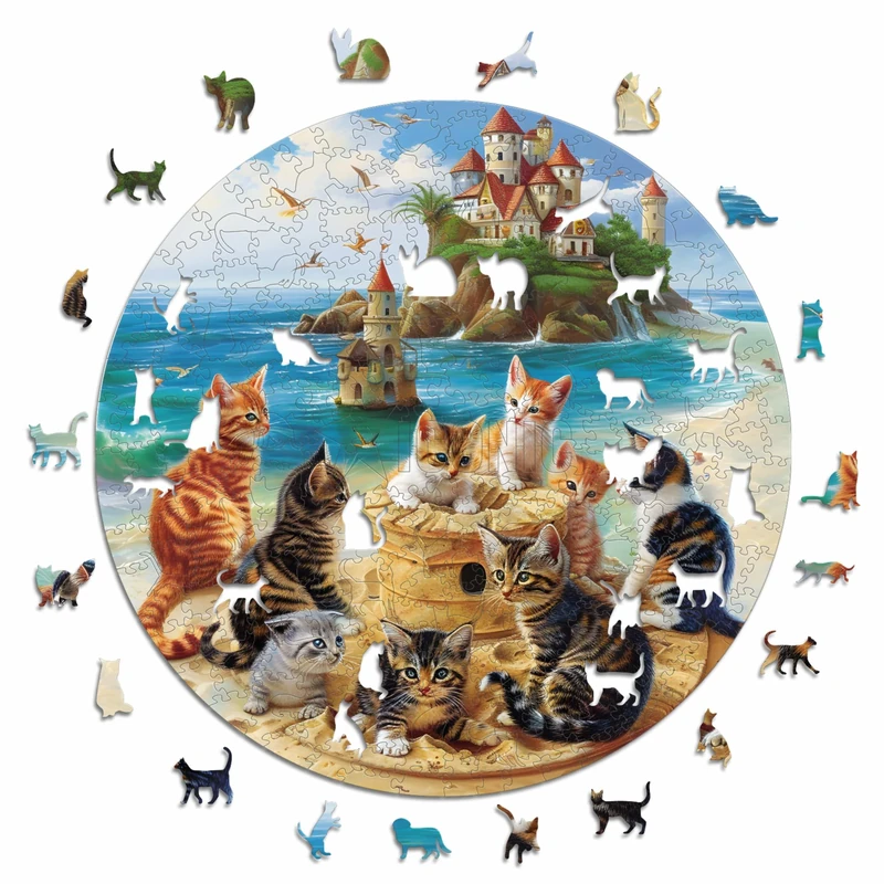 Iconic Puzzles - Kittens at the seaside, fantasy animals, 100% sustainable wooden puzzle, Gifts for Children and Adults, size L, 600 Pieces