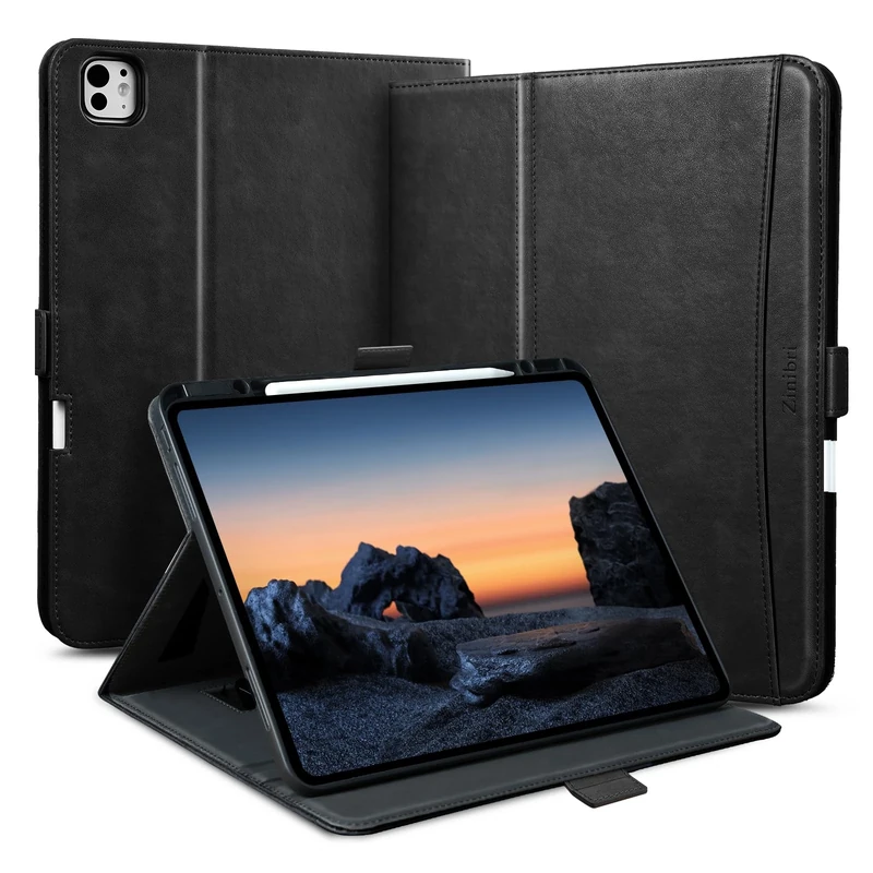 Zinibri Handcrafted Case for iPad Pro 11 Inch M5 2025/M4 2024 with Pencil Holder & Hand Strap & Pocket,Auto Sleep/Wake,Magnetic Closure,Multi Angles Stand Cover,Protective Folio PU Leather,Black