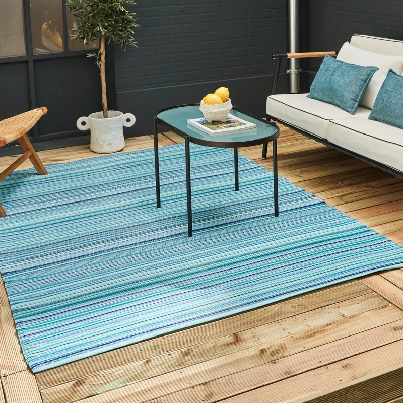 THE RUGS Rainbow Collection Outdoor Rug - Easy to Clean, Waterproof Plastic Outdoor Rugs for Garden, Patio, Balcony, Camping - Vibrant Plastic Straw Rug - Threads Blue, 180x270