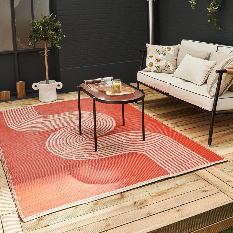 THE RUGS Urban Collection Outdoor Rug - Easy to Clean, Reversible, Waterproof Plastic Outdoor Rugs for Garden, Patio, Balcony, Camping - Contemporary Plastic Straw Rug - Waves Terra/Beige, 180x270cm