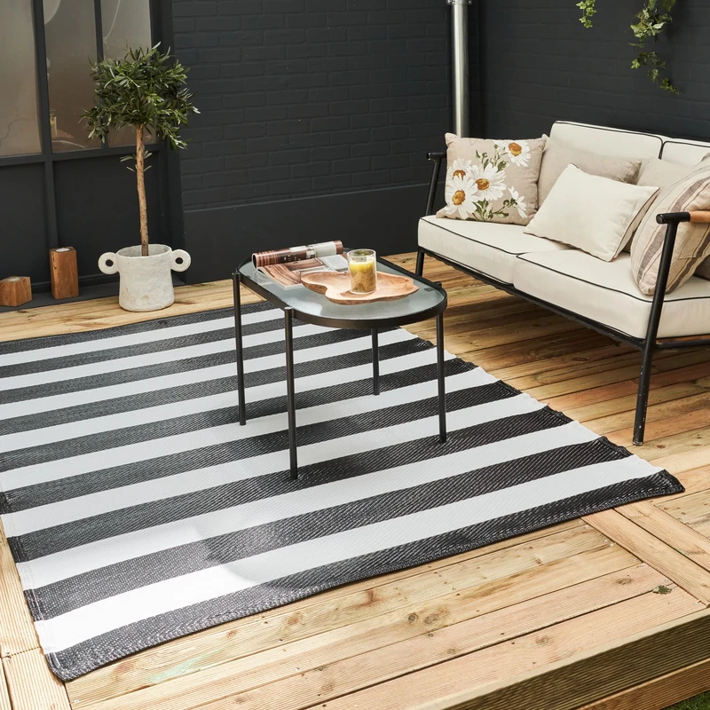 THE RUGS Rainbow Collection Outdoor Rug - Easy to Clean, Waterproof Plastic Outdoor Rugs for Garden, Patio, Balcony, Camping - Vibrant Plastic Straw Rug - Striped Black/White, 180x270