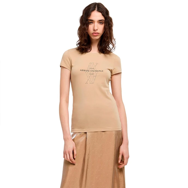 Armani Exchange Women's Crewneck Slim Fit Rhinestone Monogram Logo Tee T-Shirt, Incense, S