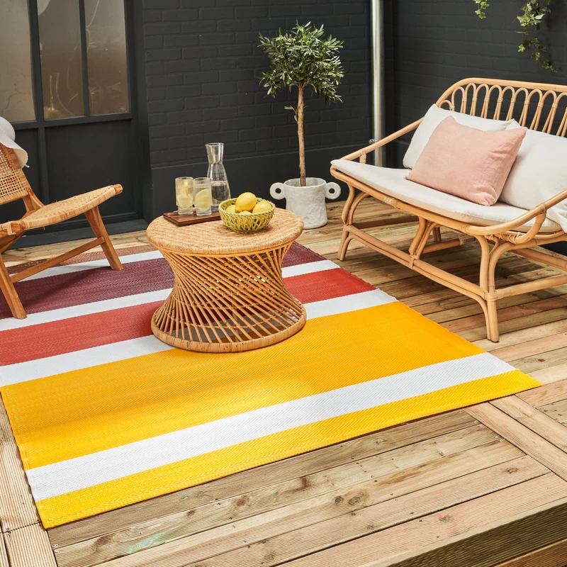 THE RUGS Rainbow Collection Outdoor Rug - Easy to Clean, Waterproof Plastic Outdoor Rugs for Garden, Patio, Balcony, Camping - Vibrant Plastic Straw Rug - Striped Yellow/Brown, 150x220