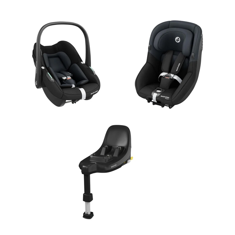 Maxi-Cosi S-Family Bundle, Includes 2 R129 Car Seats + Isofix Base - FamilyFix S ISOFIX Base, Pebble S Baby Car Seat, Pearl S Toddler Car Seat, 0–4 Years, 0–18kg, 40–105cm, Click & Go, Tonal Graphite