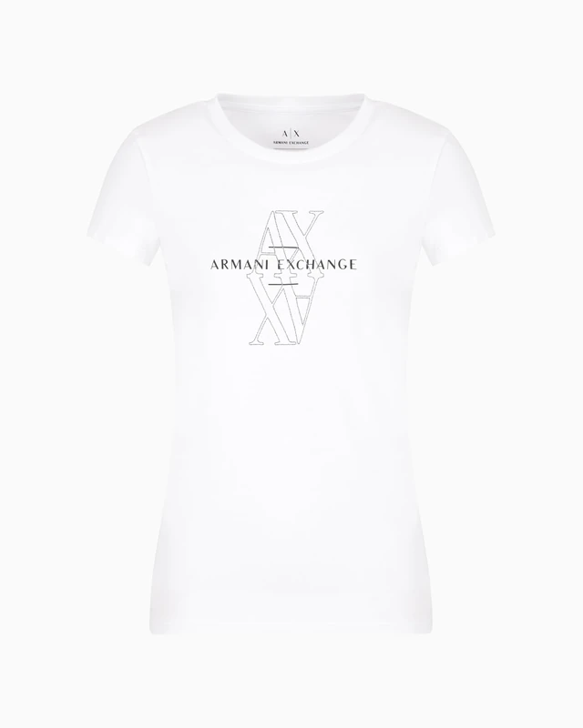 Armani Exchange Women's Crewneck Slim Fit Rhinestone Monogram Logo Tee T-Shirt, White (Optic White), L