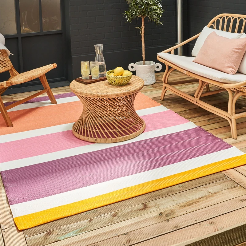 THE RUGS Rainbow Collection Outdoor Rug - Easy to Clean, Waterproof Plastic Outdoor Rugs for Garden, Patio, Balcony, Camping - Vibrant Plastic Straw Rug - Striped Pink/Orange, 180x270