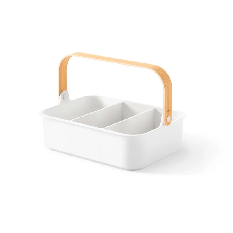 Avilia Multi-Purpose Storage Organizer - Basket with 2 Removable Dividers, Wooden Handle, Stackable, 35 x 26 cm, Recycled Plastic, White