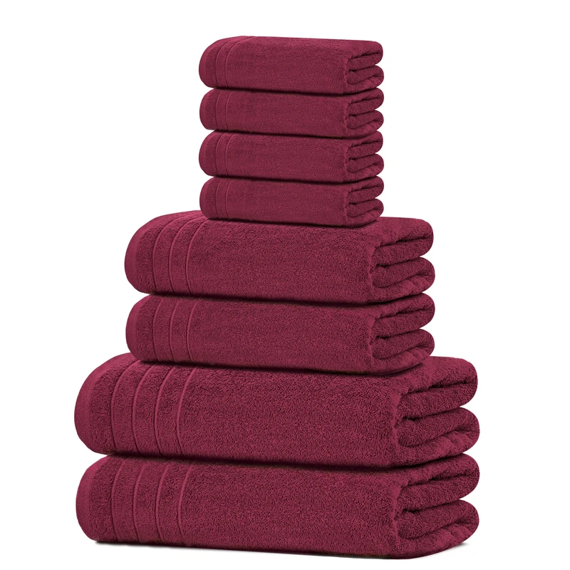 Tens Towels 8 Piece Towels Set, 2 Extra Large Bath Towels, 2 Hand Towels, 4 Washcloths, 100% Cotton, Lighter Weight, Quicker to Dry, Super Absorbent, Perfect Bathroom Towels Set (BURGUNDY)