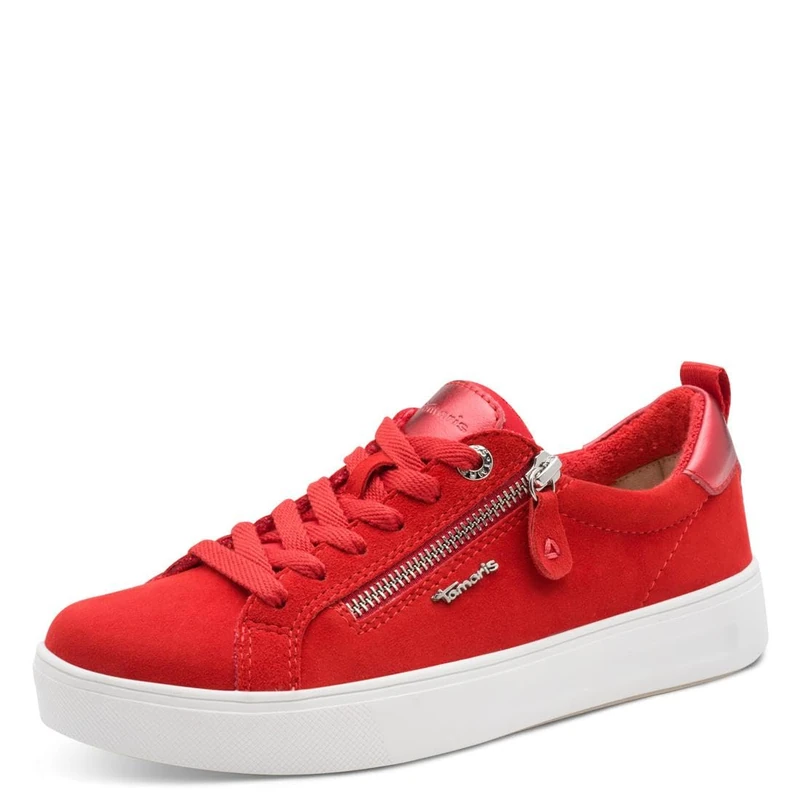 Tamaris Comfort Women’s Flat Sneakers with Zip Casual, Red Suede, 4 UK