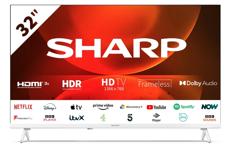 SHARP 32FH2KAW 32-Inch HD Ready Smart Frameless Android TV in White with Active Motion 400, Freeview Play, Pre-Installed Apps, 3x HDMI & 2x USB - Image 1