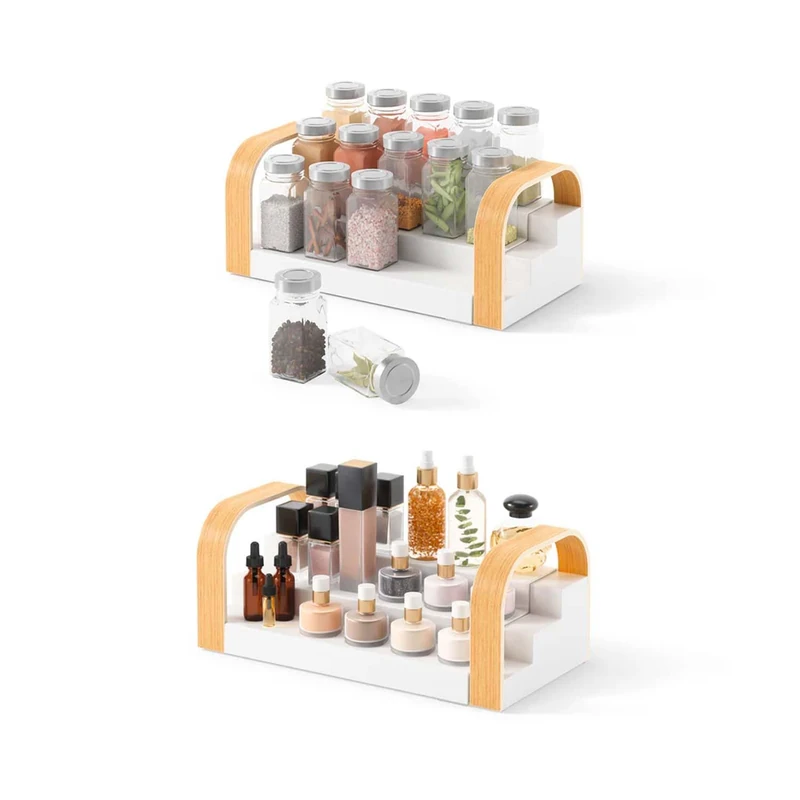 Avilia 3 Tier Spice Rack Organizer - Shelf for Kitchen, Bathroom or Bedroom, Recycled Plastic and Wood, 52.5 x 15.7 x 12.7 cm, Extendable 30-61 cm, White