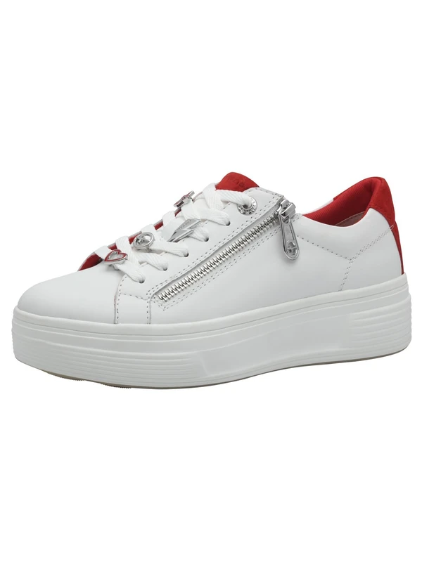 Tamaris Comfort Women’s Platform Sneakers with Zip Low Top, White/Red, 4 UK