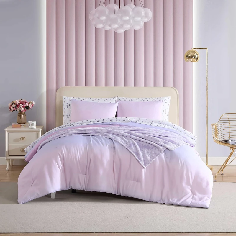 Betsey Johnson - Queen Comforter Set, Super Soft 8-Piece Bedding with Matching Sham & Sheets, includes Bonus Pillowcase & Reversible Plush Throw, Chic Room Decor (Ombre Purple, Queen)