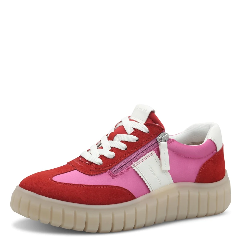 Tamaris Comfort Women’s Flat Sneakers with Chunky Sole Low Top, Red/Fuchsia, 6 UK