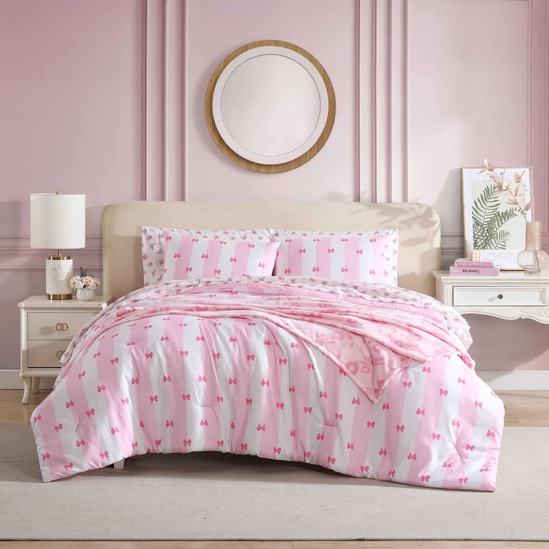 Betsey Johnson - Comforter Set, Super Soft Bedding with Matching Sham & Sheets, Includes Bonus Pillowcase & Reversible Plush Throw, Valentine's Day Gifts (Bow Stripe Pink, Full)