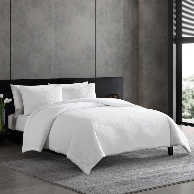 Vera Wang Luxury Bedding with Matching Shams, Ideal for All Seasons, Cotton, Puckered Texture White, Queen