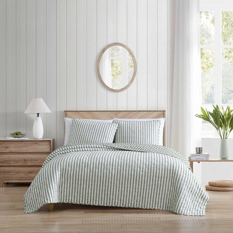 Stone Cottage - Full/Queen Double Quilt Set, Reversible Cotton Bedding with Matching Shams, Lightweight Home Decor (Willow Way Green)