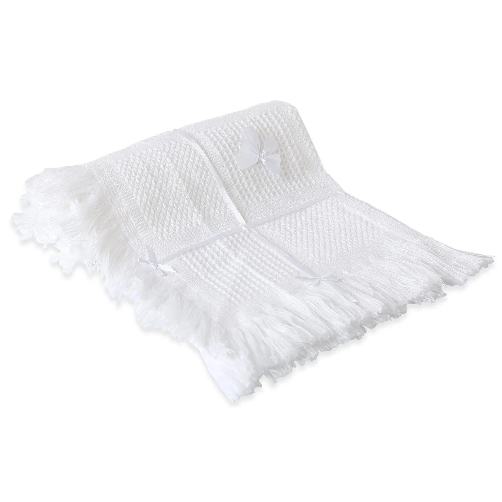 Booulfi Newborn Cellular Blanket Ribbon Bowknot Chritening Baby Shawl Tassel White Soft Cute Pram Blankets, Big Size 45X45