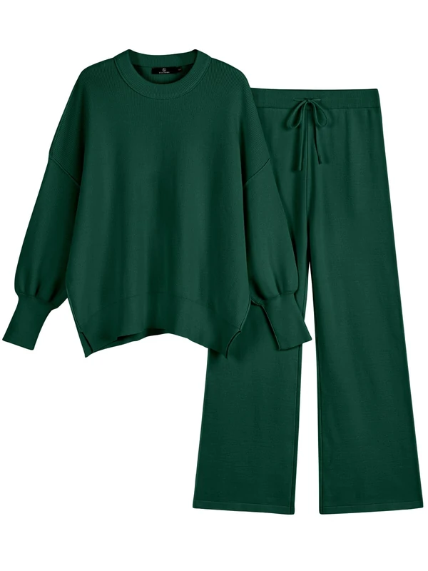 LILLUSORY Women 2 Piece Outfits Sweatsuit Sweater Sets Oversized Knit Pullover Tops Wide Leg Pants Lounge Set, Dark Green, L