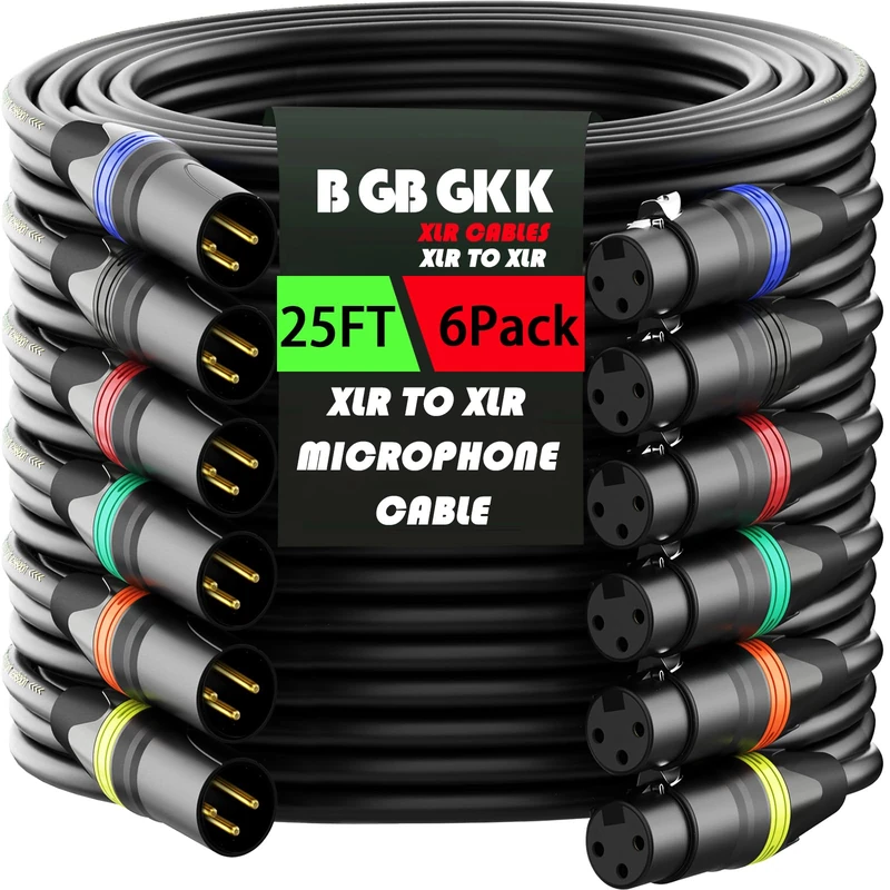 BGBGKK XLR Cables 25ft 6Pack, Professional XLR Microphone Cable Male to Female, Gold-Plated 3-pin XLR Speaker Cable Balanced Mic Cable, Colorful