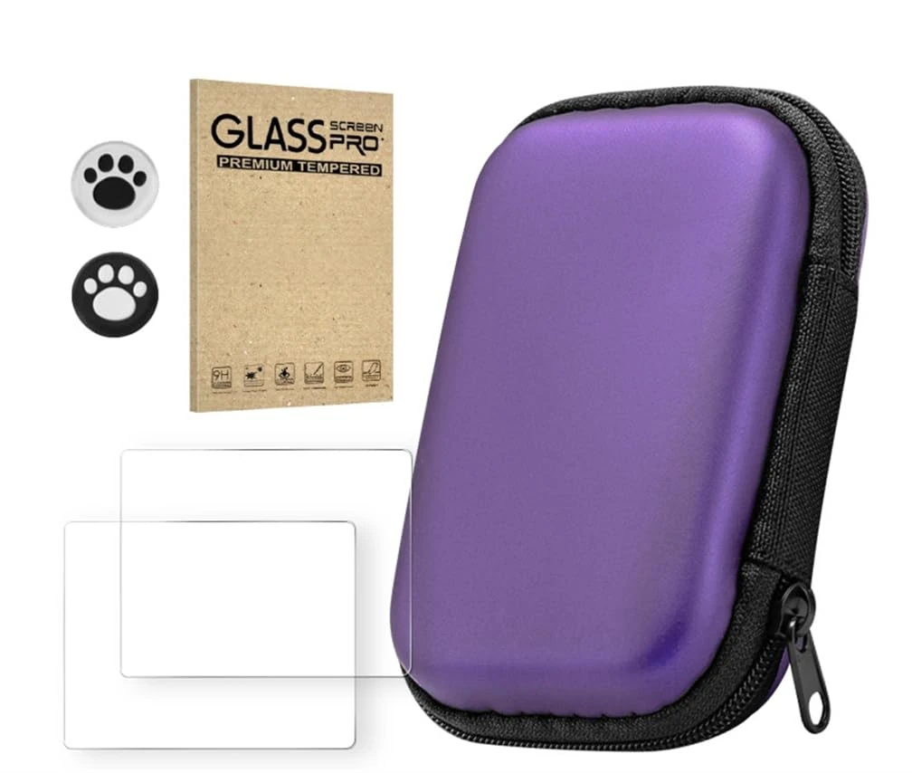 Hard Carrying Case + 2 Screen Protector for R36S/R35S/RGB20S, Handheld Game Console Protective Case Shockproof Portable Travel Storage Bag (2PCS + Purple)