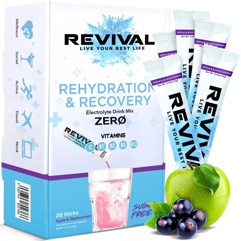 Revival Zero Rehydration Electrolytes Powder - Sugar Free Hydration Sachet Drink with Vitamins C, B1, B3, B5, B12-14 Pack Apple & Blackcurrant