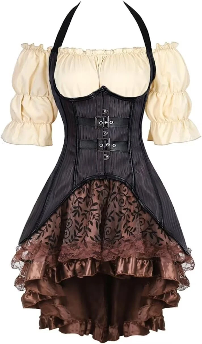 jutrisujo Underbust Corset Long Top Khaki Blouse 3 Set Outfits for Women Renaissance Pirate Gothic Halloween Purple M