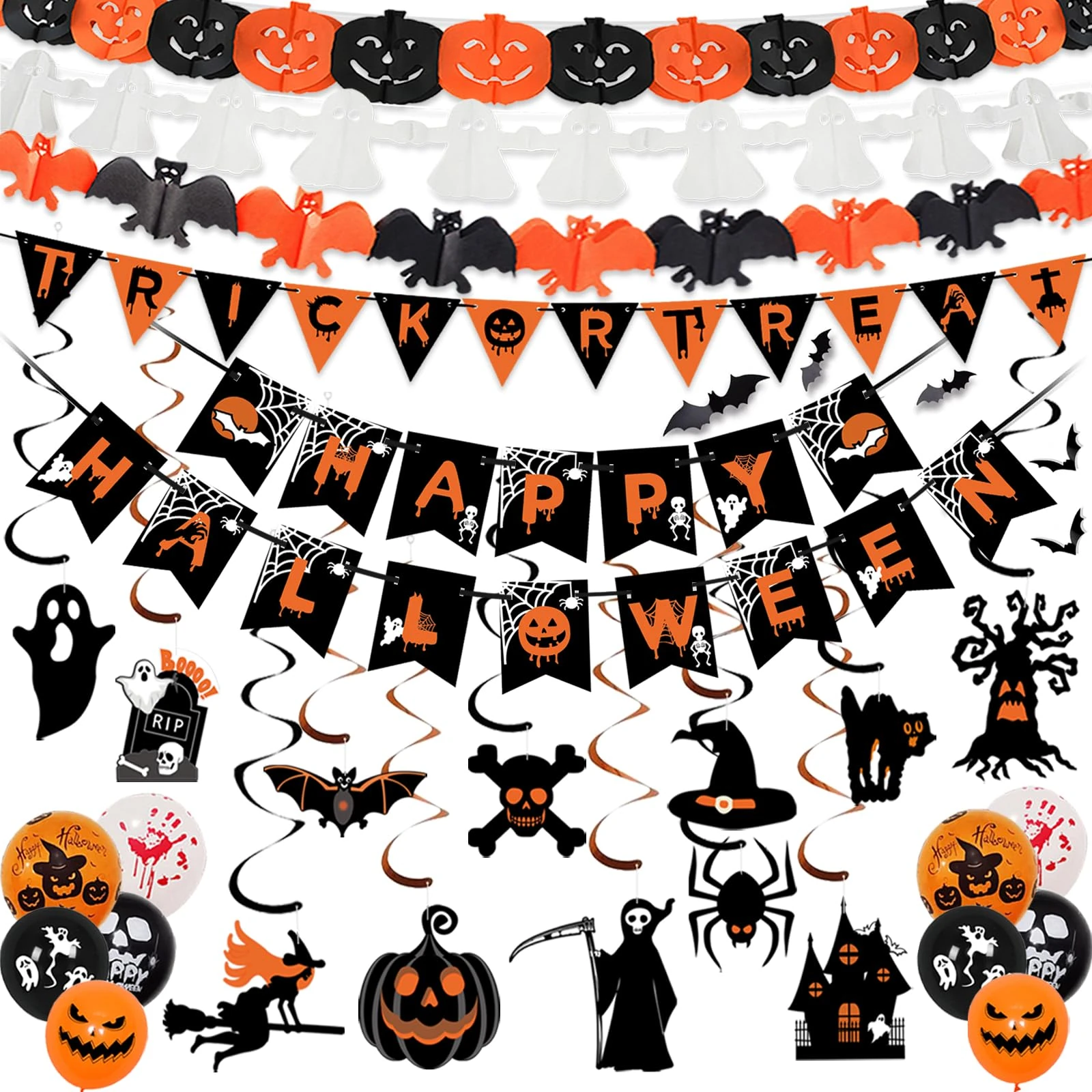 AMLOOPH Halloween Decorations Reusable Indoor Set - Happy Halloween Banner, Hanging Pumpkin, Bat, Ghosts Bunting Garland, Trick or Treat Sign and Spooky Hanging for Party Decorations