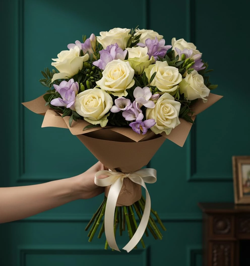 Rose & Freesia Flower Bouquet of Fresh Real Flowers Bouquet - White Roses, Lilac Freesia and Lush Foliage - Perfect for any Birthday, Anniversary, or say Thanks