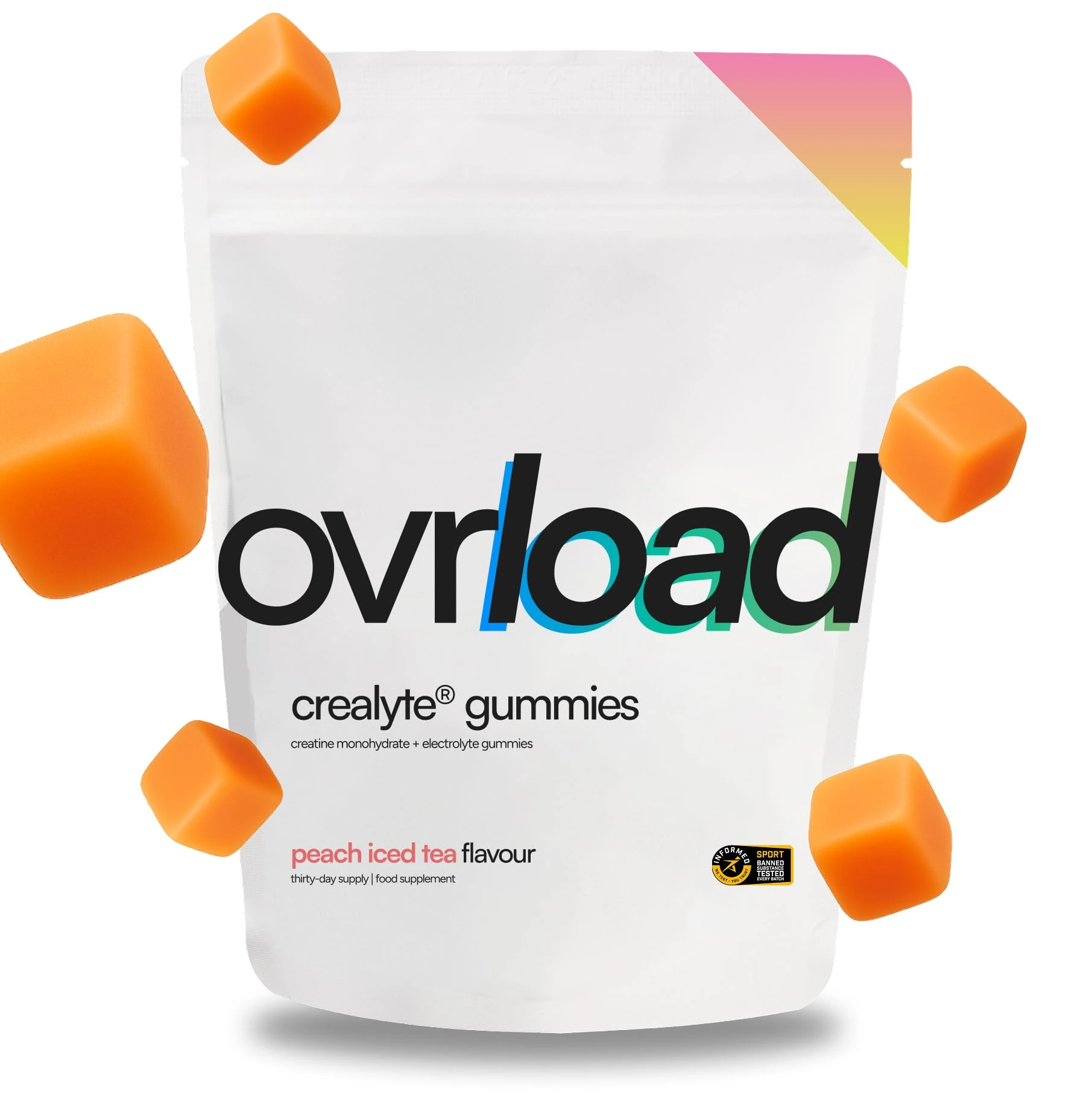 Ovrload Crealyte® Gummies, 90 Creatine Gummies (1 Month Supply), 4500mg per Serving, Added Electrolytes Vitamin D3 & Pink Himalayan Salt (90 Count (Pack of 1), Peach Iced Tea)