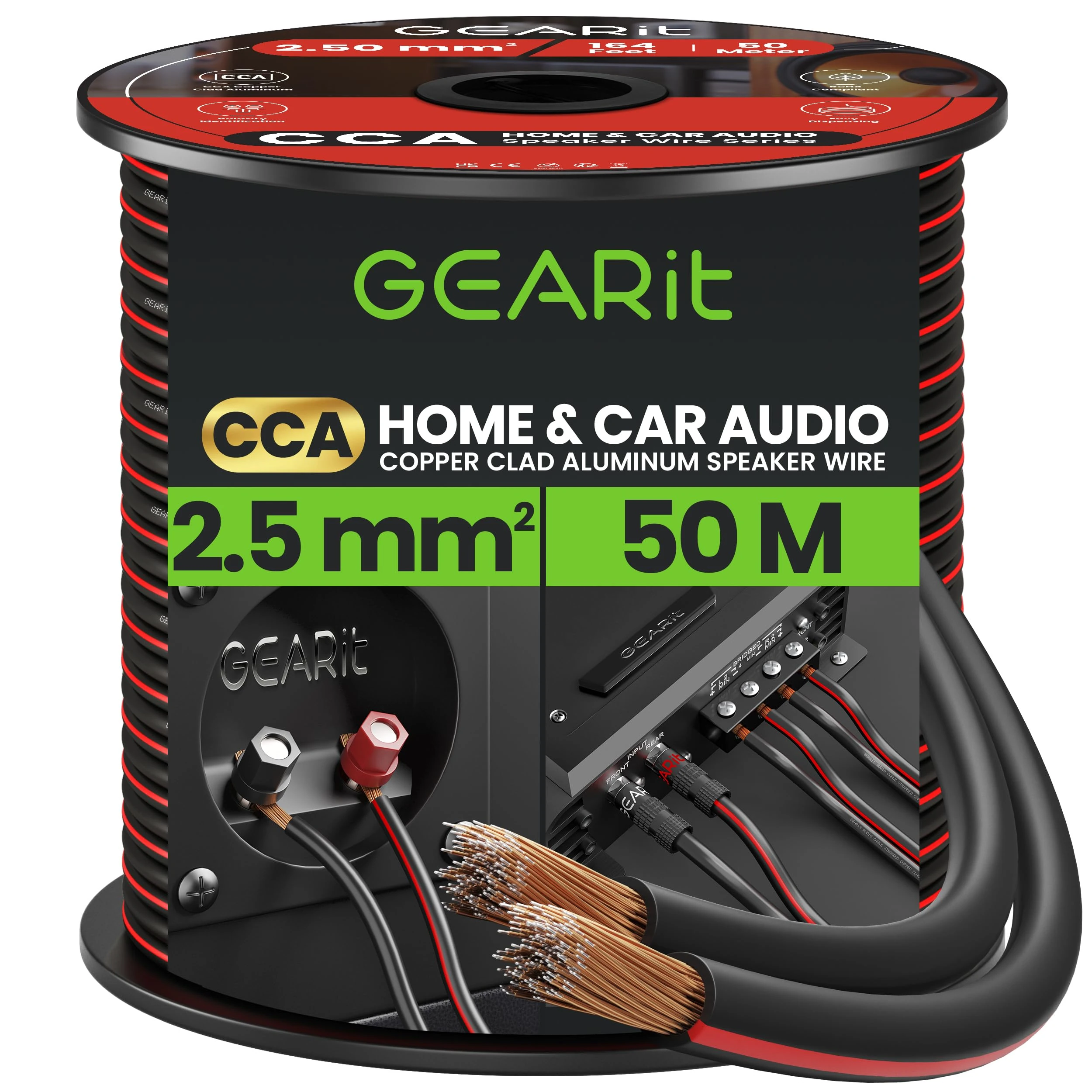 GearIT 14 Gauge 2x2.5mm² Speaker Cable CCA Wire (50m - Black) Copper Clad Aluminum - Great for Hi-Fi Home Theater and Car Speakers - 14awg