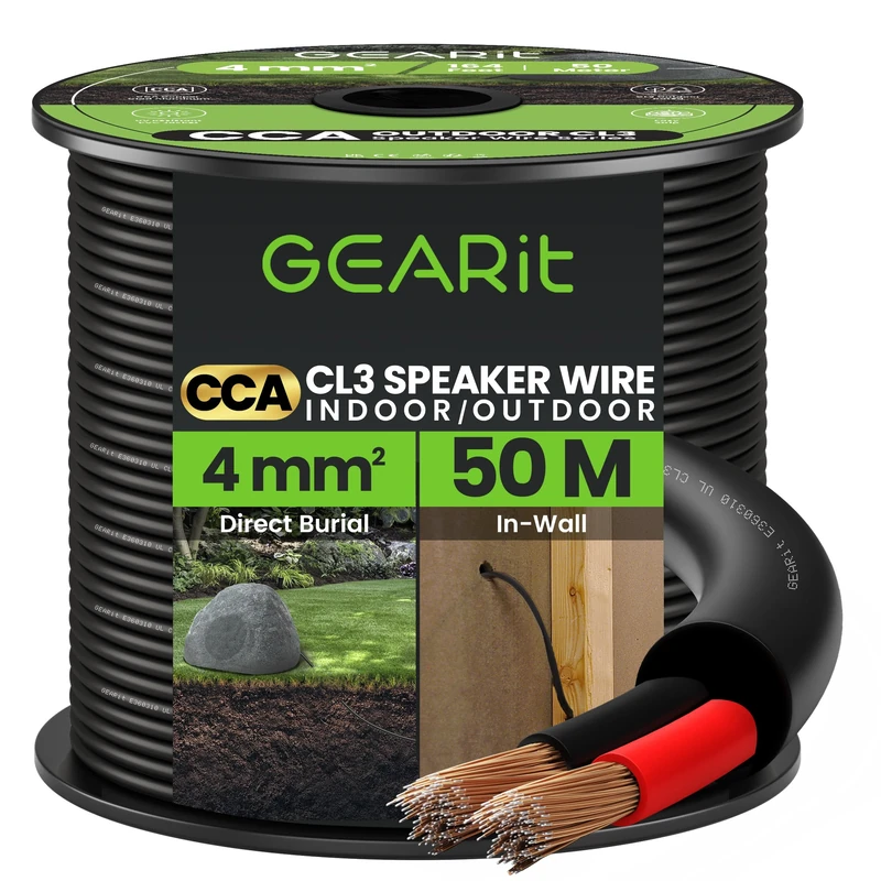 GearIT 12 Gauge 2x4mm² Indoor/Outdoor CL3 Speaker Cable CCA Wire (50m - Black) Copper Clad Aluminum - Direct Burial Underground Rated - 12awg
