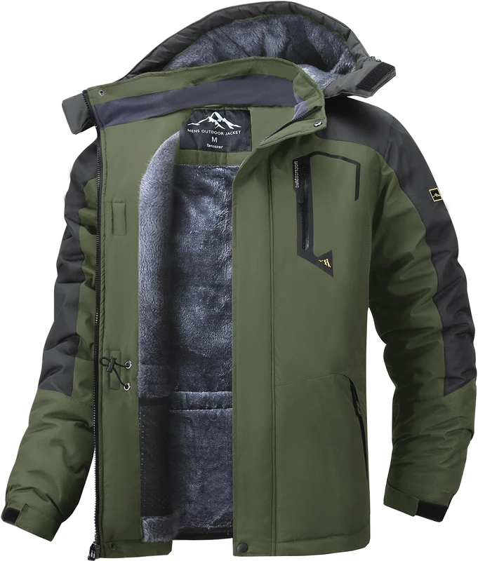 Tansozer Mens Ski Jacket Waterproof Winter Coat Fleece Lining Raincoat Quick Dry Softshell Hoodie Heated Mountain Parka, Army Green, XXL
