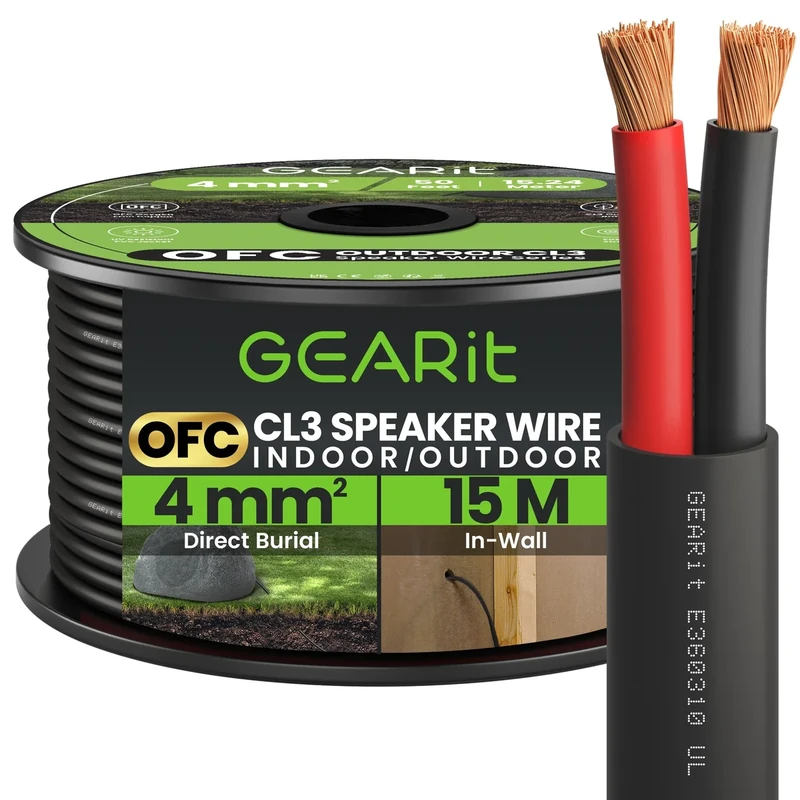 GearIT 12 Gauge AWG Pure Copper - Indoor/Outdoor CL3 Speaker Cable OFC Wire (15m - Black) Oxygen Free Copper - Direct Burial Underground Rated - 12awg