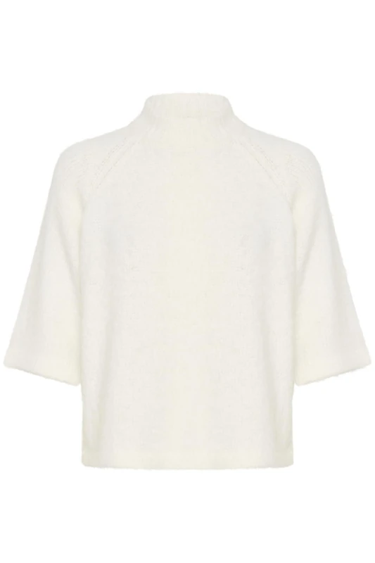 KAFFE Women's Pullover Half Sleeves High Neck Cropped Length Fuzzy Knit, Chalk, Medium