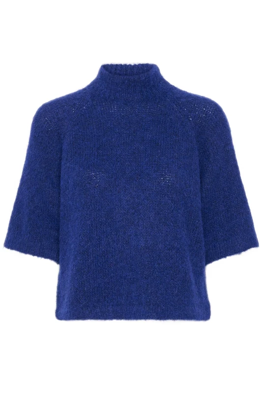 KAFFE Women's Pullover Half Sleeves High Neck Cropped Length Fuzzy Knit, Beacon Blue Melange, Medium