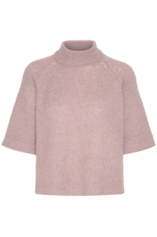 KAFFE Women's Pullover Half Sleeves High Neck Cropped Length Fuzzy Knit, Mesa Rose Melange, Medium