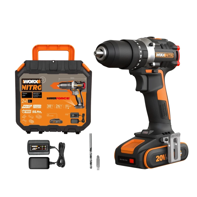 WORX WX355.1 20V 55Nm Cordless Brushless Combi Hammer Impact Drill with 2.0Ah Battery, Charger & Case (20 Torque Settings)
