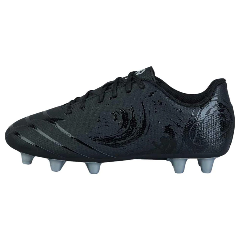 Canterbury Junior Unisex Phoenix Genesis Team Firm Ground Rugby Boots | Hard Surface Traction | Breathable Firm Ground Rugby Boots, Black/Silver Metallic, 4
