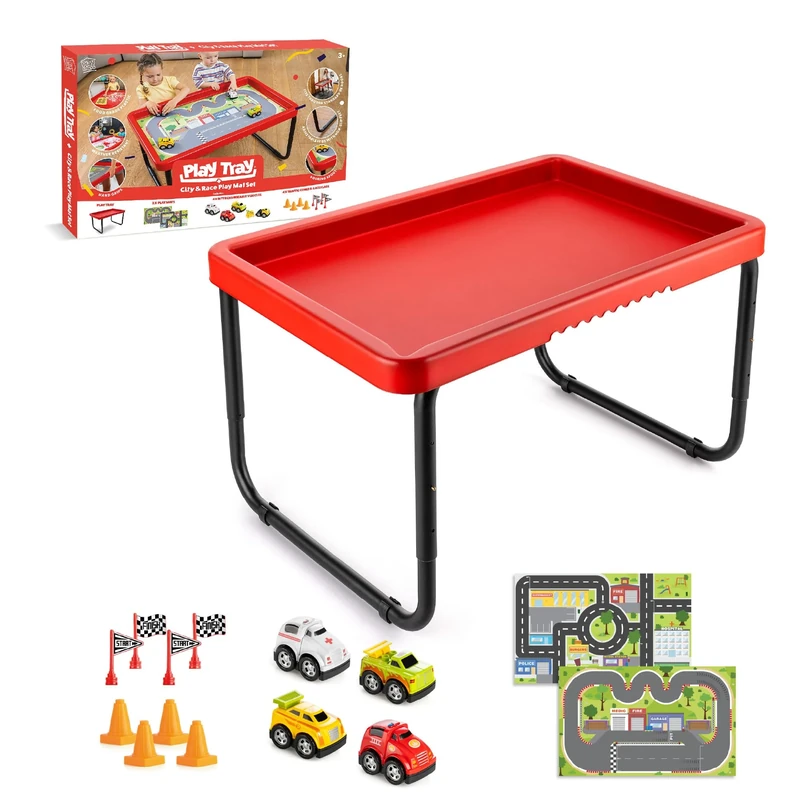 Play Tray Activity Table with City & Race Play Mat Set, Adjustable Heights, Food Safe, Portable Messy Activity Table