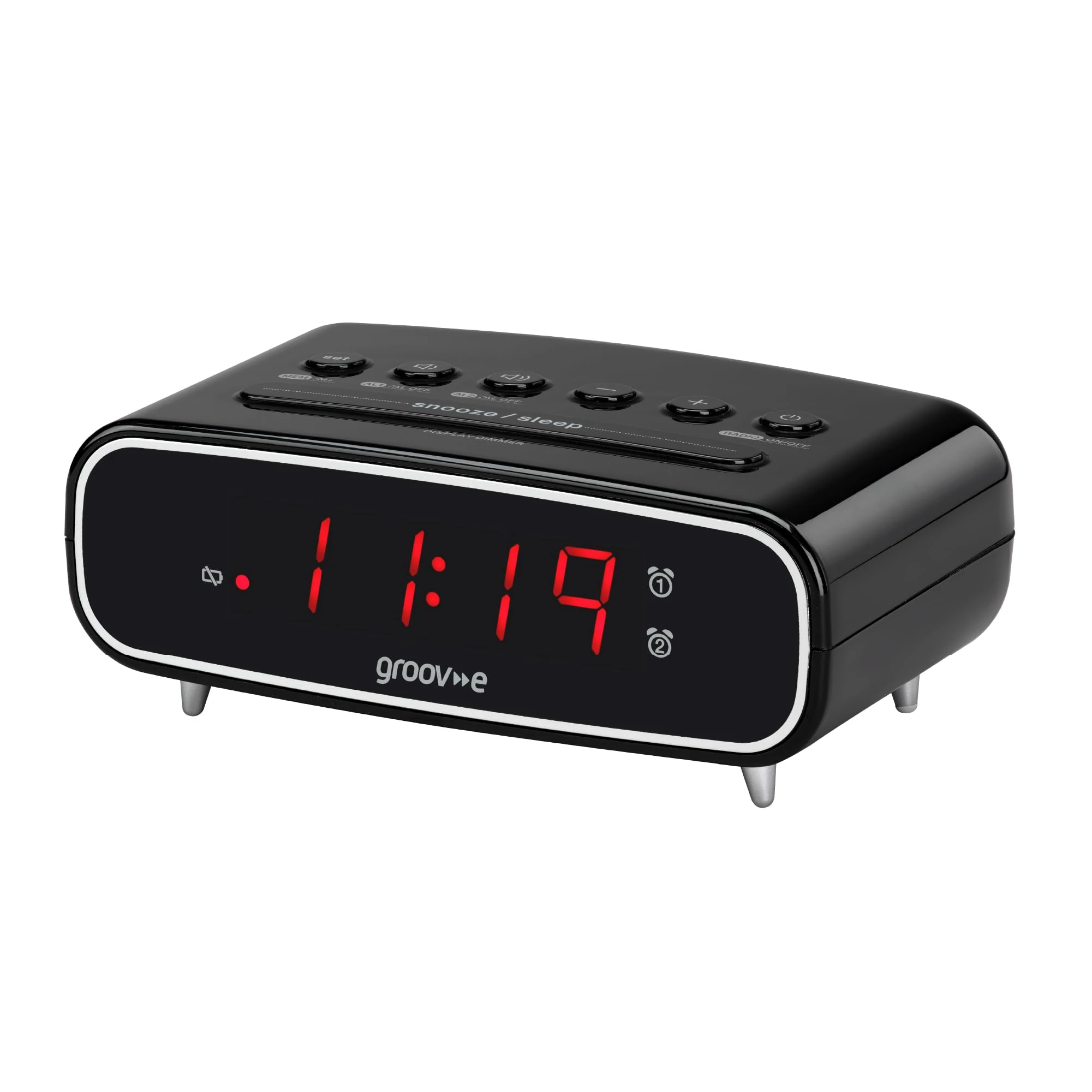 Groov-e Rise - Digital Alarm Clock with FM Radio, LCD Display, & Dimmer Function - 12hr/24hr Time Modes - Mains Powered, Backup Battery System - Black