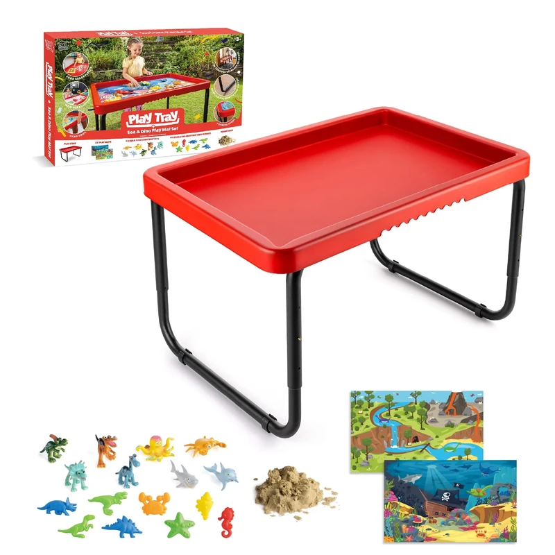 Play Tray Activity Table with Play Mat Set, Kids Sensory Play Tray, Sea Life and Dinosaur Theme Play Mat Set, Red