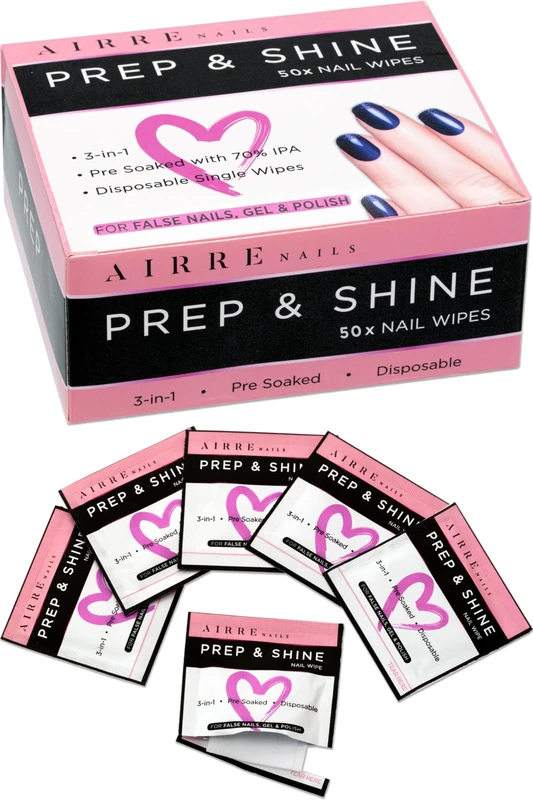 50 AIRRE NAILS Prep & Wipe Alcohol Nail Wipes 3in1 Lint-Free Prep & Shine Cleanser Pads for Gel Polish Sticky Residue & Tacky Layer Remover After UV/LED Curing – For Gel, Acrylic & False Nails & Tips