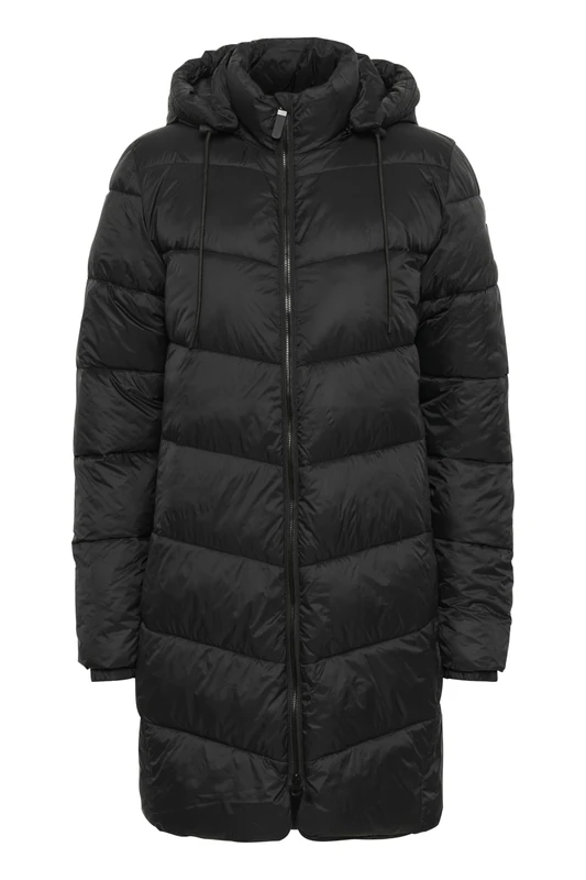 KAFFE Women's Puffer Coat High Collar Hooded Mid-Thigh Length Zipper Regular Fit, Black Deep, UK 12