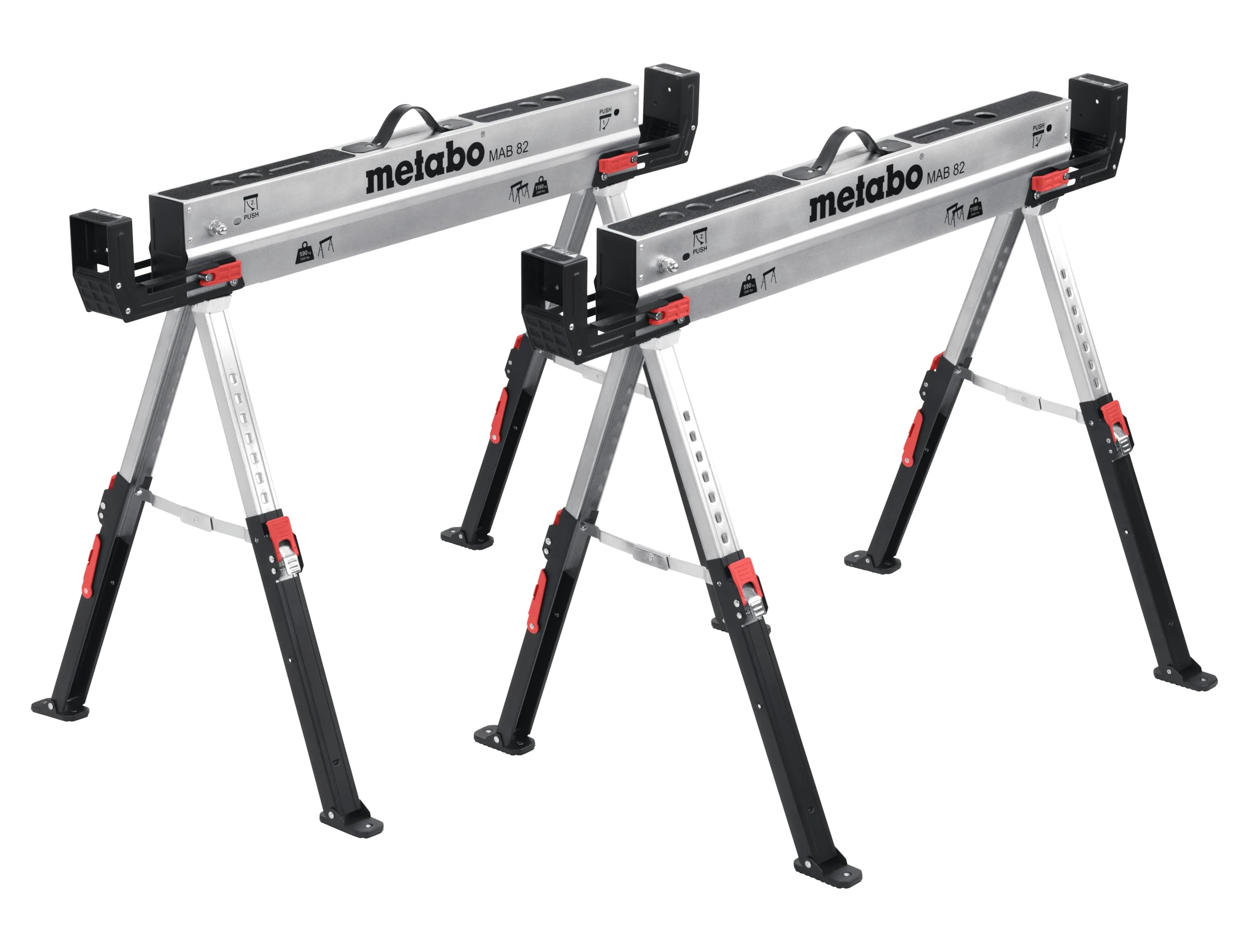 metabo MAB 82 Steel Work Stand Set, Compact Folding Axle Stand, Including Carry Handle, Adjustable Legs, Powder-Coated Galvanised Surface