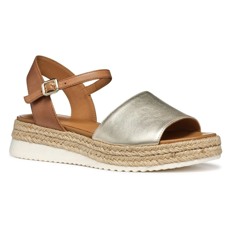 Geox Women's D EOLIE C Flat Sandal, Lt Gold/Camel, 3.5 UK
