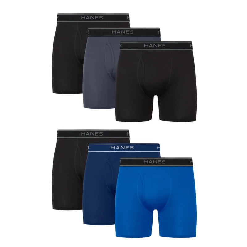 Hanes Men's Value Performance Stretch Boxer Brief Underwear, Moisture-Wicking, 6-Pack, Black/Blue/Grey, XXL (Pack of 6)